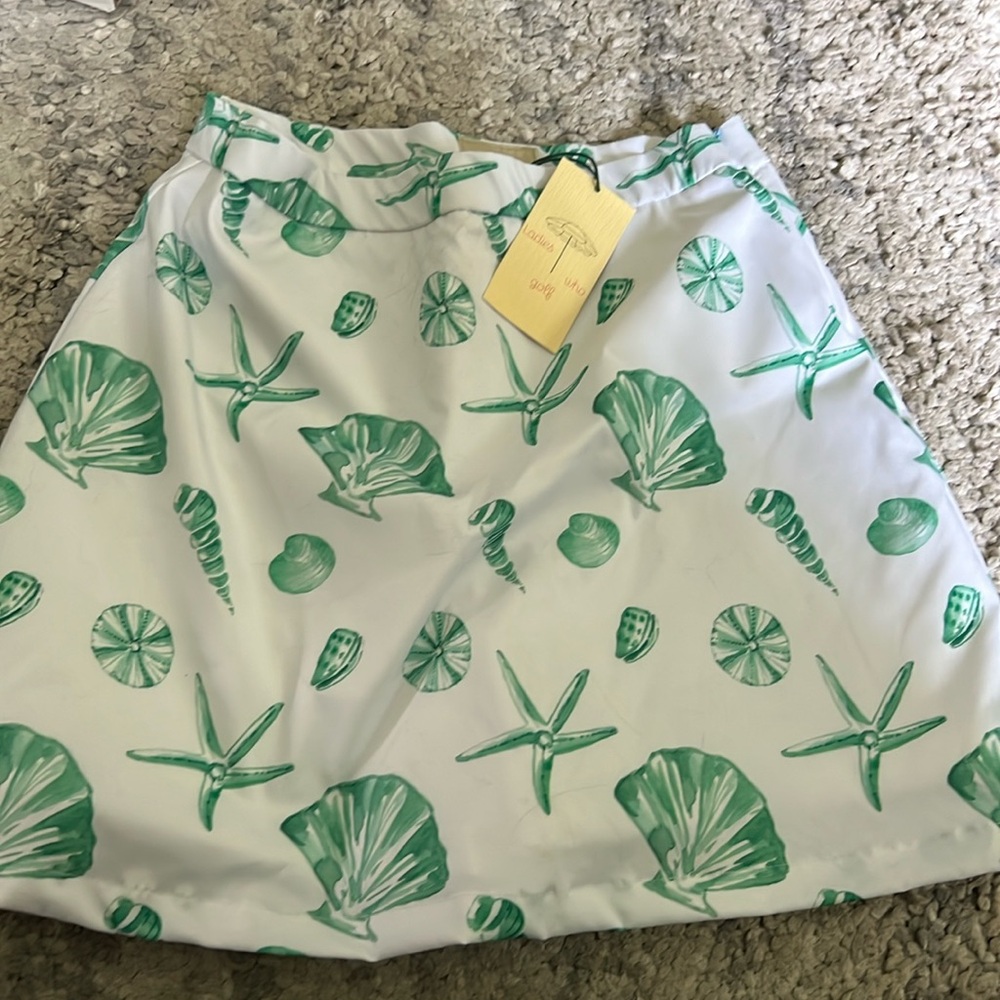 Seaside Shell Print A-Line Skirt - White & Green